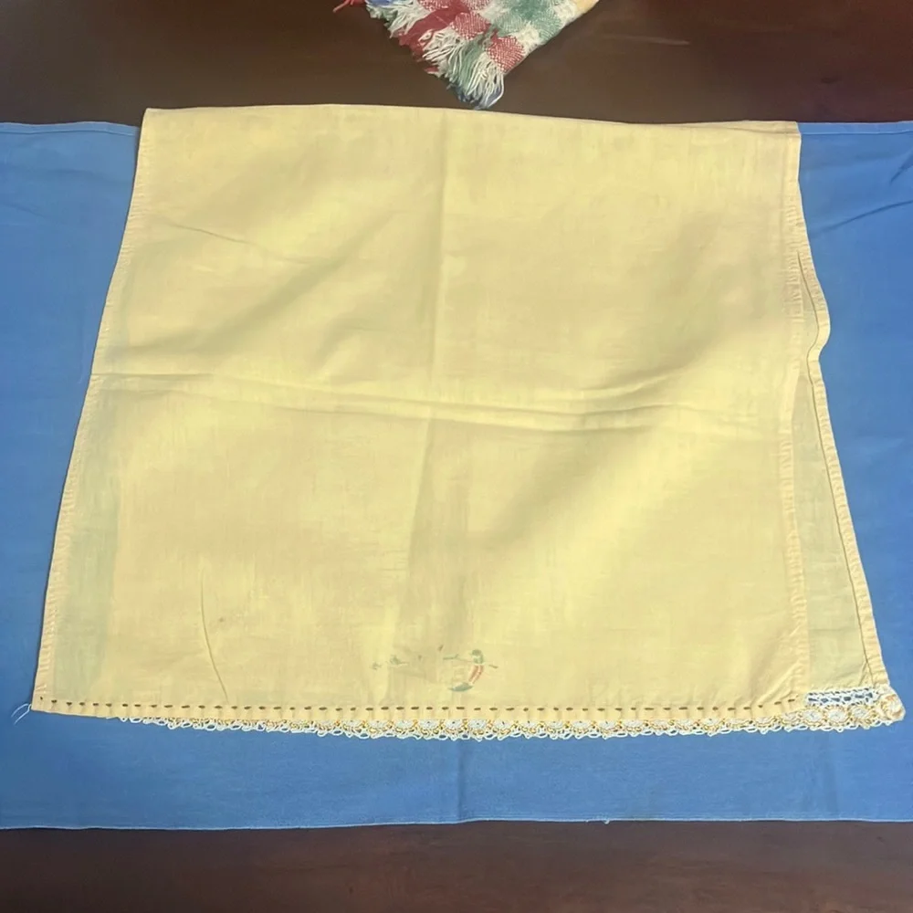 Set of 3 Vintage Cotton Tea Towels / Rags Blue Cannon, Yellow Pheasant with Lace